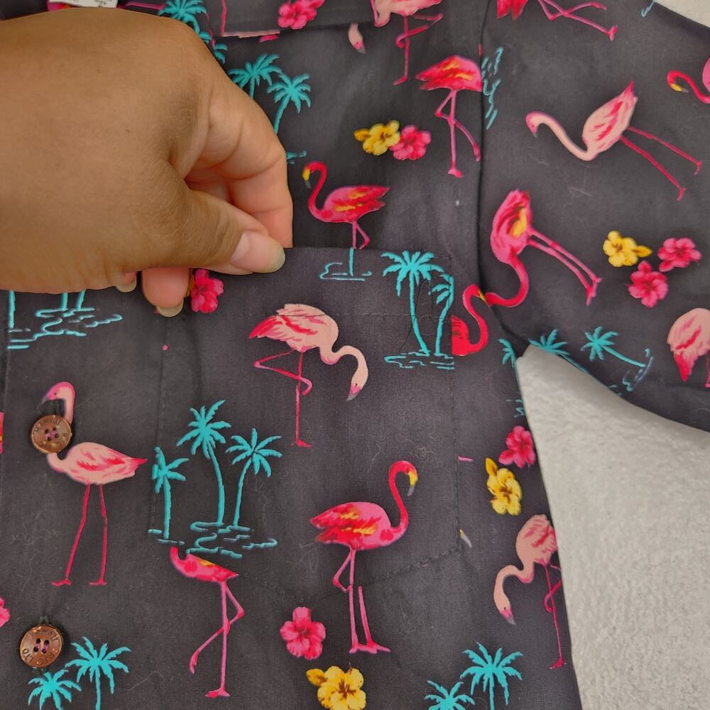 RJC Made in Hawaii Black Tropical Flamingo Button Down Shirt Boys Size 8 - Picture 4 of 8